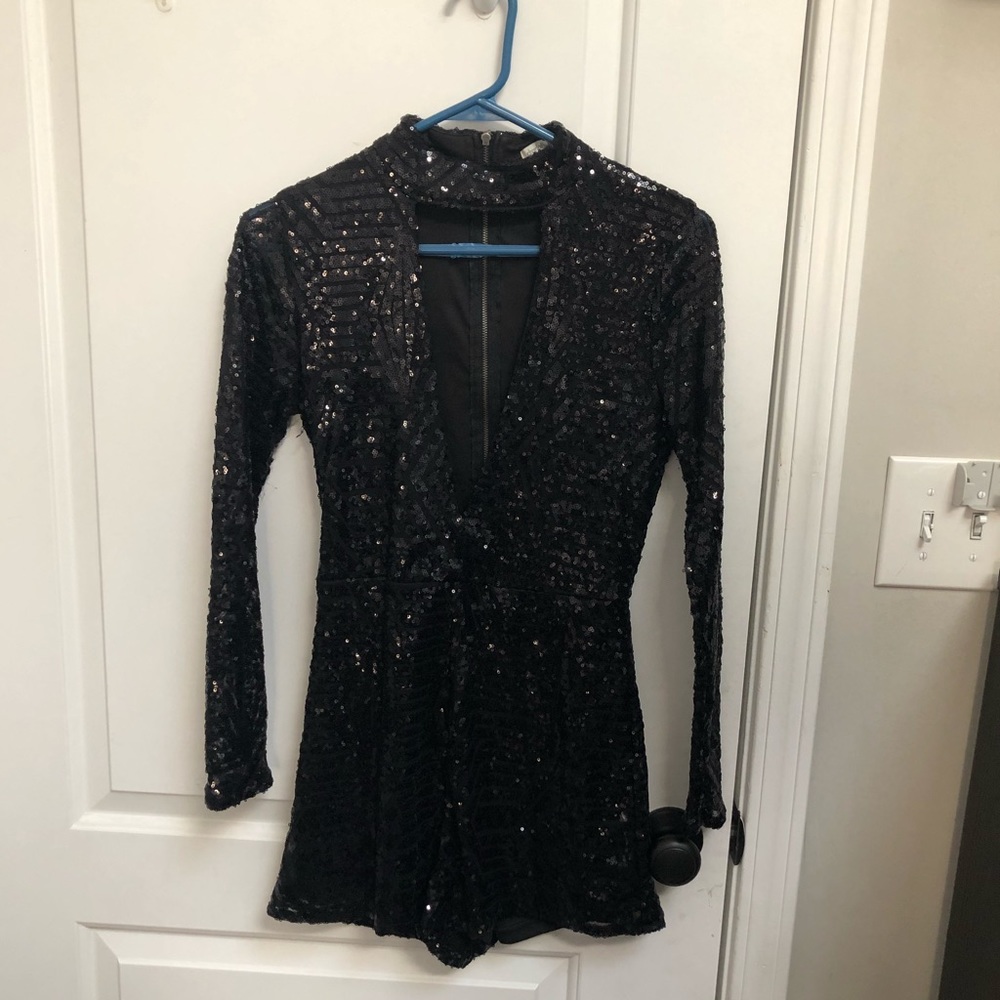 Black sequin long sleeve romper